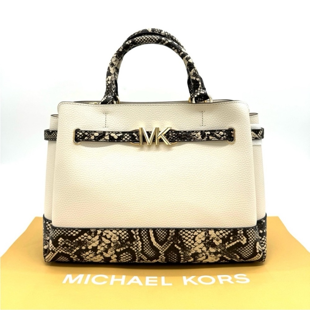 Michael Kors Reed Large Belted Satchel Crossbody Bag Light Cream Snakeskin